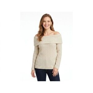WHBM Off The Shoulder Cowl Neck Sweater Ribbed Metallic Gold Cream Womens Size M